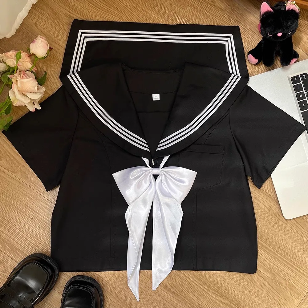 Uniforme da marinaio in stile giapponese Sailor nero Fuku Jk Uniforme scolastica Abbigliamento da marinaio per scuola superiore da donna Top Gonna a pieghe Seifuku