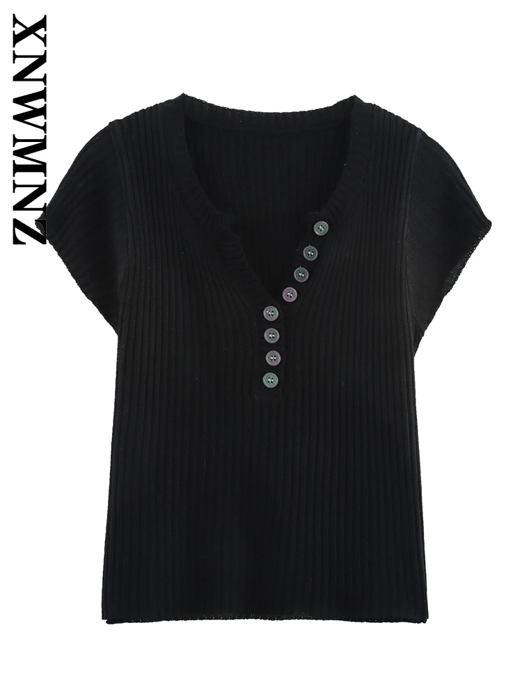 XNWMNZ 2025 Zomer Vrouwelijke Vintage Woon-werkverkeer V-kraag Gebreid T-shirt Casual Lente Vrouw Korte Mouw Trui Mode Trui