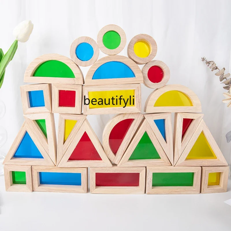 Large block wooden building block translucent acrylic rainbow building block educational toys for infants and children