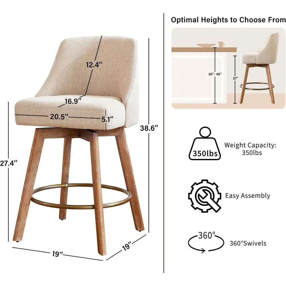 Counter Height Bar Stools,Sand-Colored Linen Comort abric Bar Stool Set o 2,360° Swivel Counter Height Stools Solid Wood Legs,27