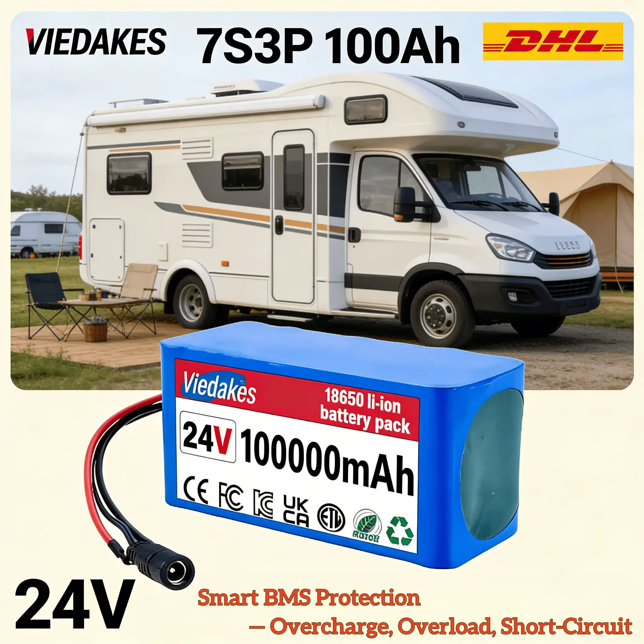 

VEDAKES 24V 7S3P 10Ah Li-ion Battery with Charger for Wheelchair and Small Machines
