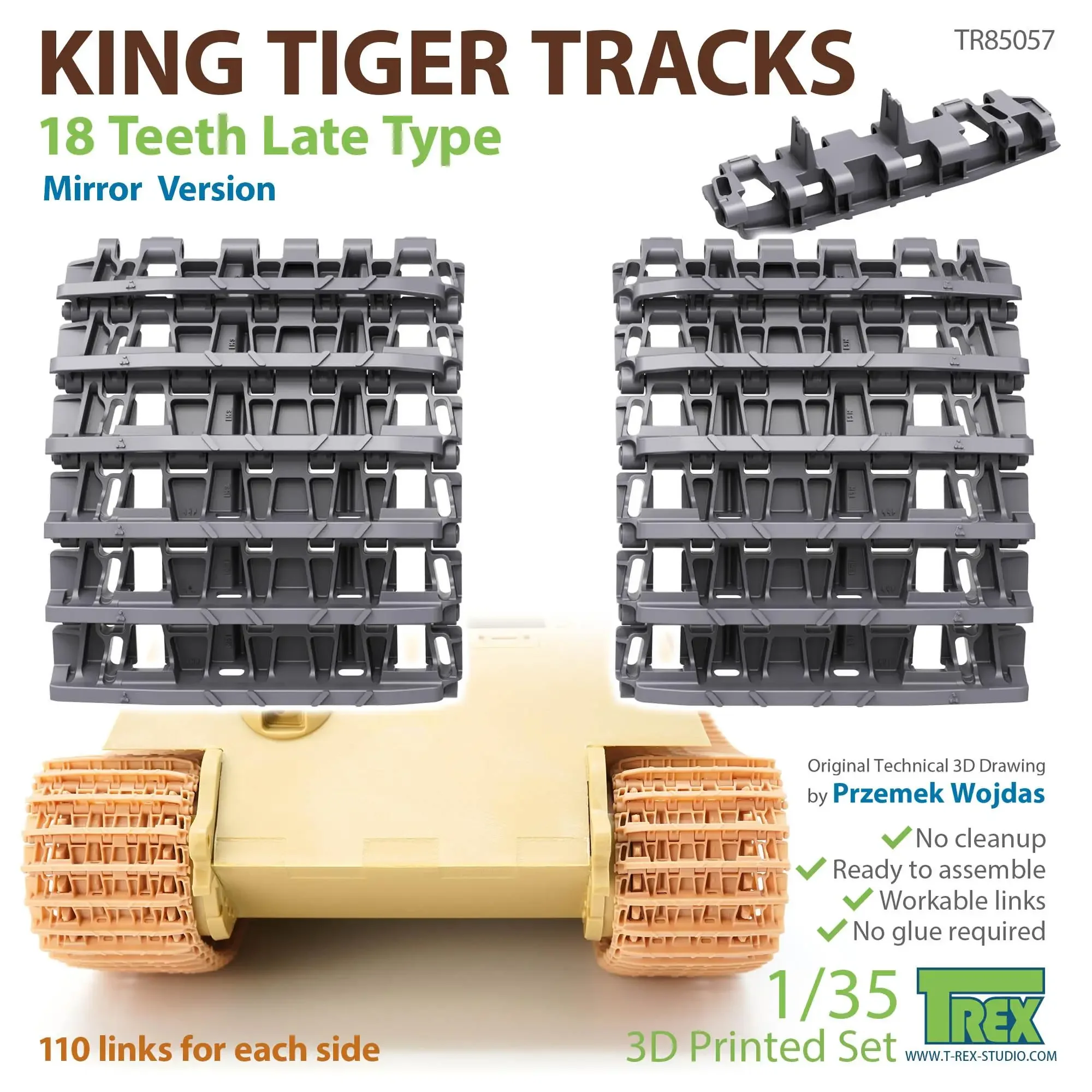 

TR85057 T-REX 1/35, масштаб KING TIGER Track, 18 зубьев, зеркальная версия более поздней версии 3D