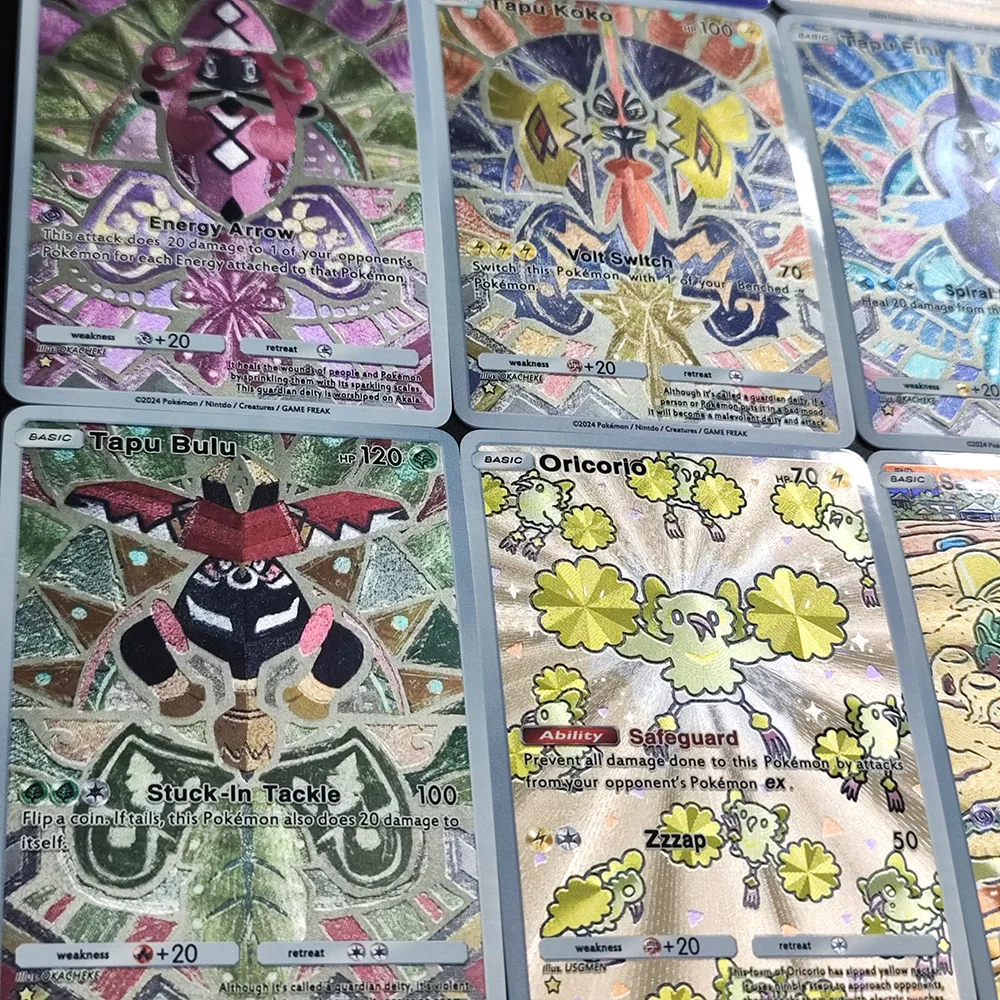 9PCS/Set TCG Pocket English Wishiwashi Dhelmise Oricorio Pyukumuku Sandygast Tapu Bulu Fini Koko Game Texture Flash Card Toy