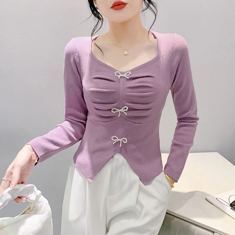 #4321 Black Purple Asymmetrical Short Knitted Sweater Women Square Collar Sexy Knitted Pullover Ladies Thin Elastic Folds Skinny