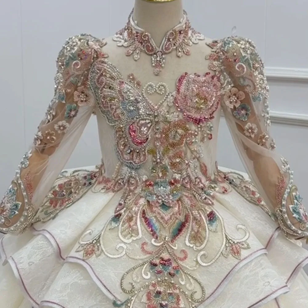 Customized Kids Flower Girl Dress With Turtle Long Sleeve Beaded Embroidery Floor Length Wedding Gown For Birthday