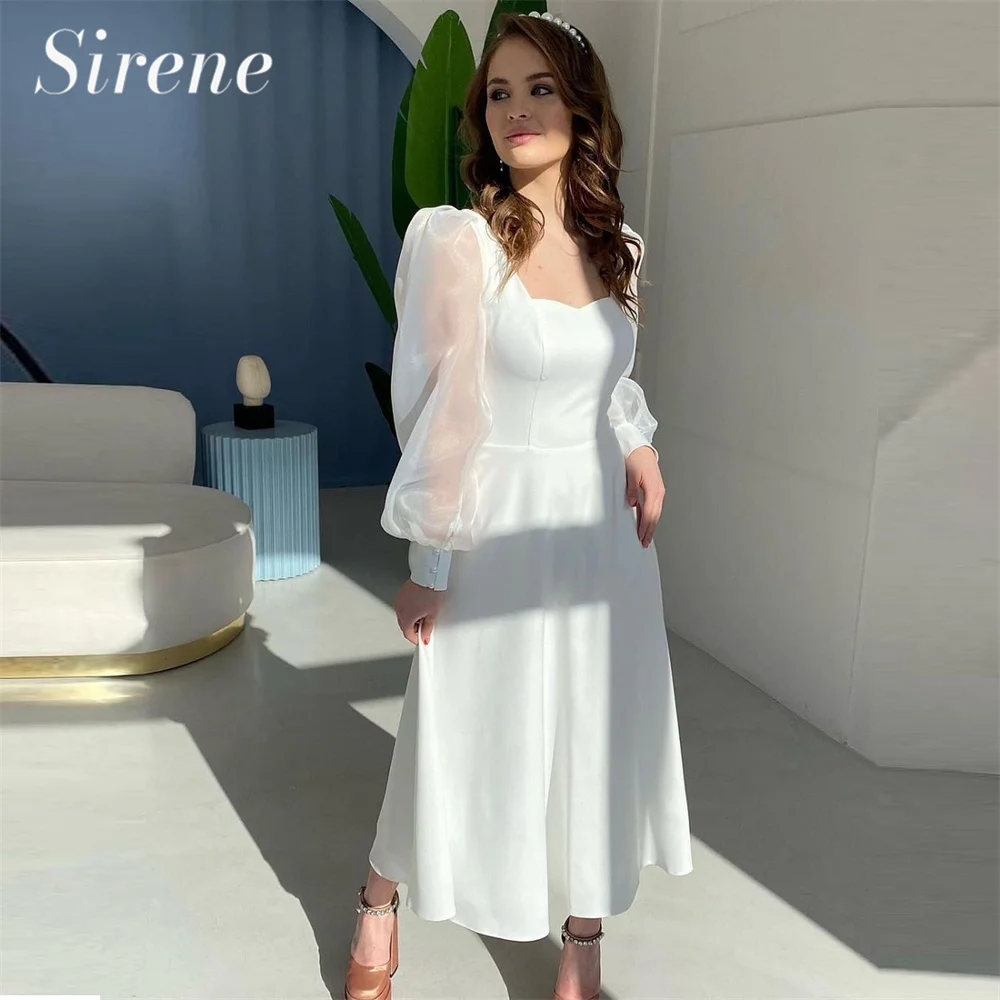 Sirene Soft Satin Short Wedding Dress For Women Boat Neck A-Line Long Puff Sleeves Bridal Gown Ivory Robe De Mariée Ankle Length