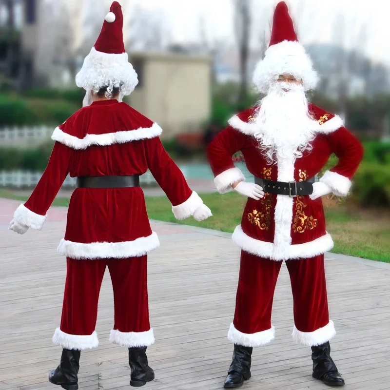 Costume de cosplay de Noël pour adultes, père Noël imbibé, paupières en velours rouge de luxe, fête de Noël, tenues de famille, homme, ensemble de 11 pièces