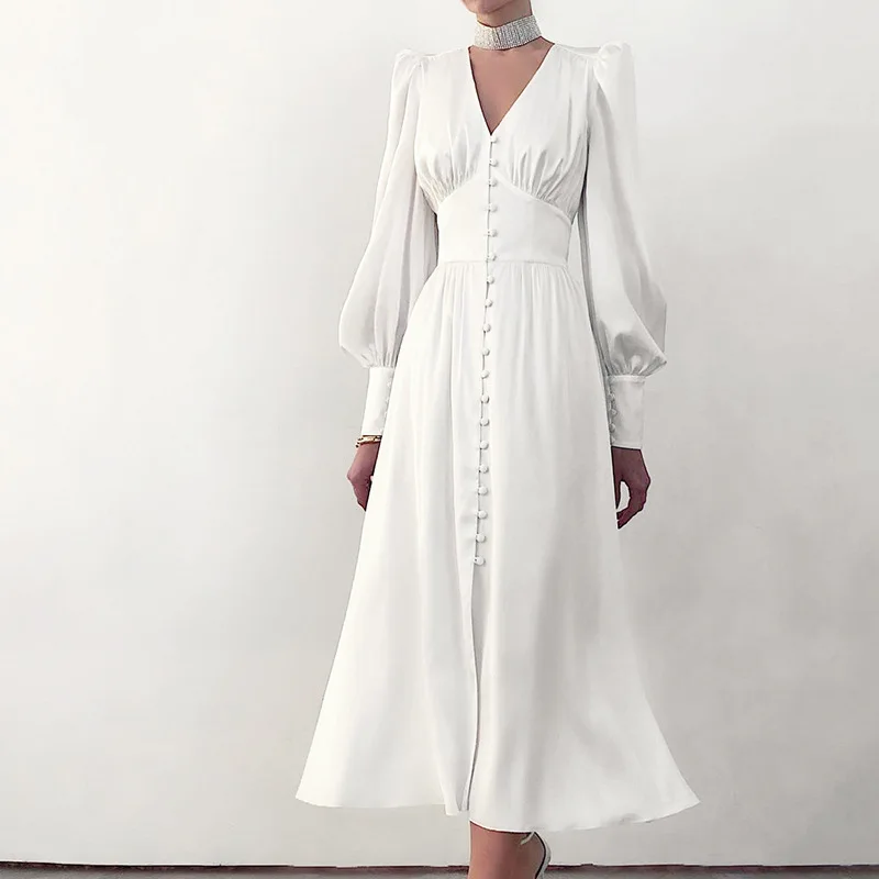 فستان نسائي طويل من الساتان بتصميم خصر نحيف وأكمام واسعة وخصر عالي وتنورة على شكل حرف v وفتحة رقبة على شكل حرف v وزر واحد للإ...