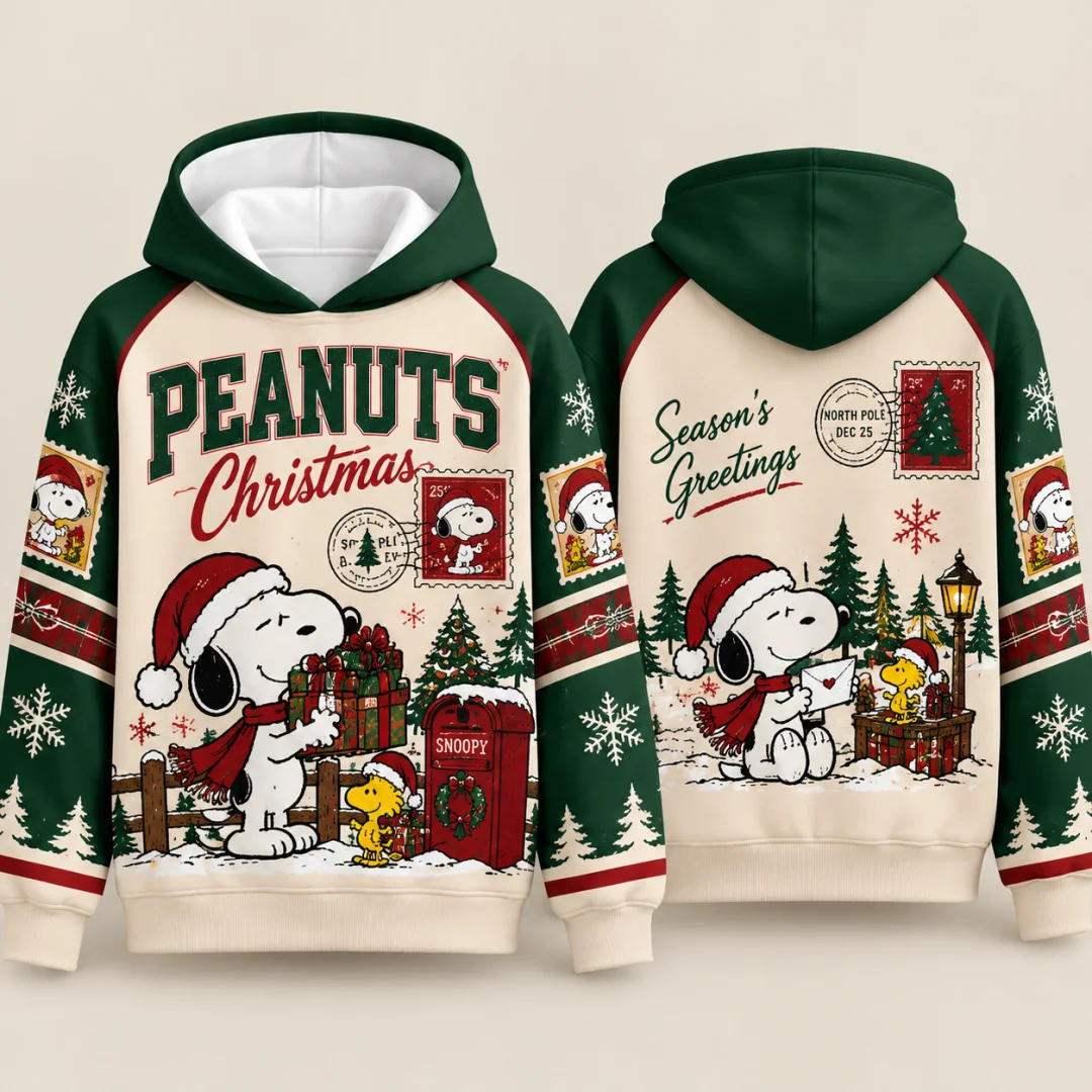 Snoopy Peanuts Christmas Hoodie Cartoon Men Women Unisex Raglan Sleeve Hooded Sweatshirt Couple Xmas Gift Winter Kids Tops