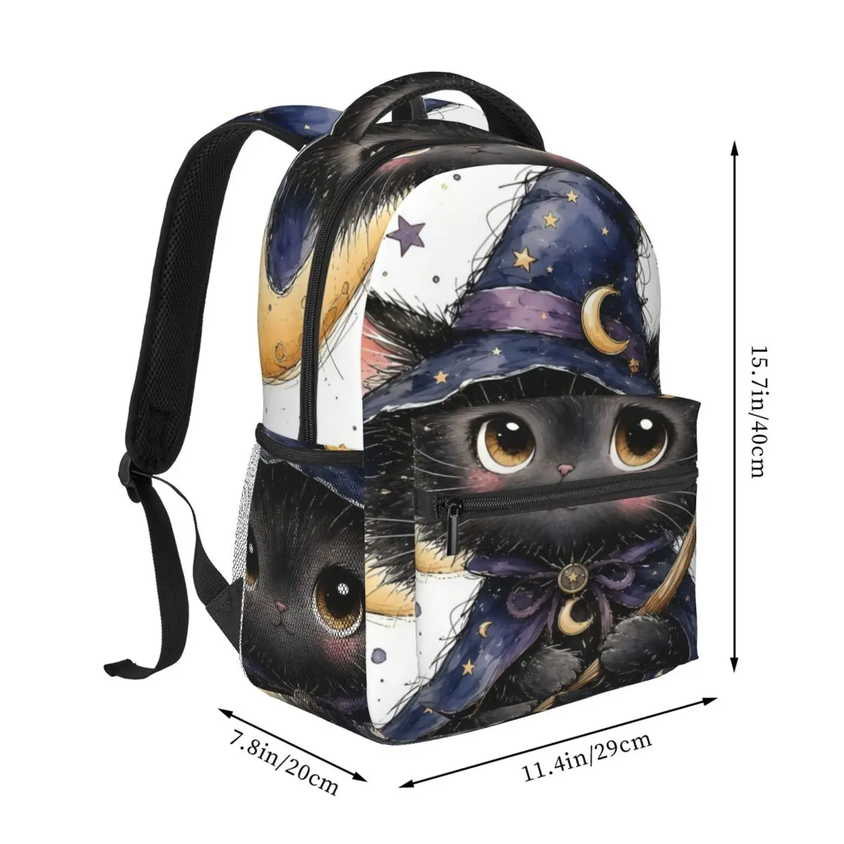 Gothic School Backpack Center Witch Kitten Broom Moon Stars Cute Kawaii Halloween Black Navy Pu Daypack for College Class Trendy