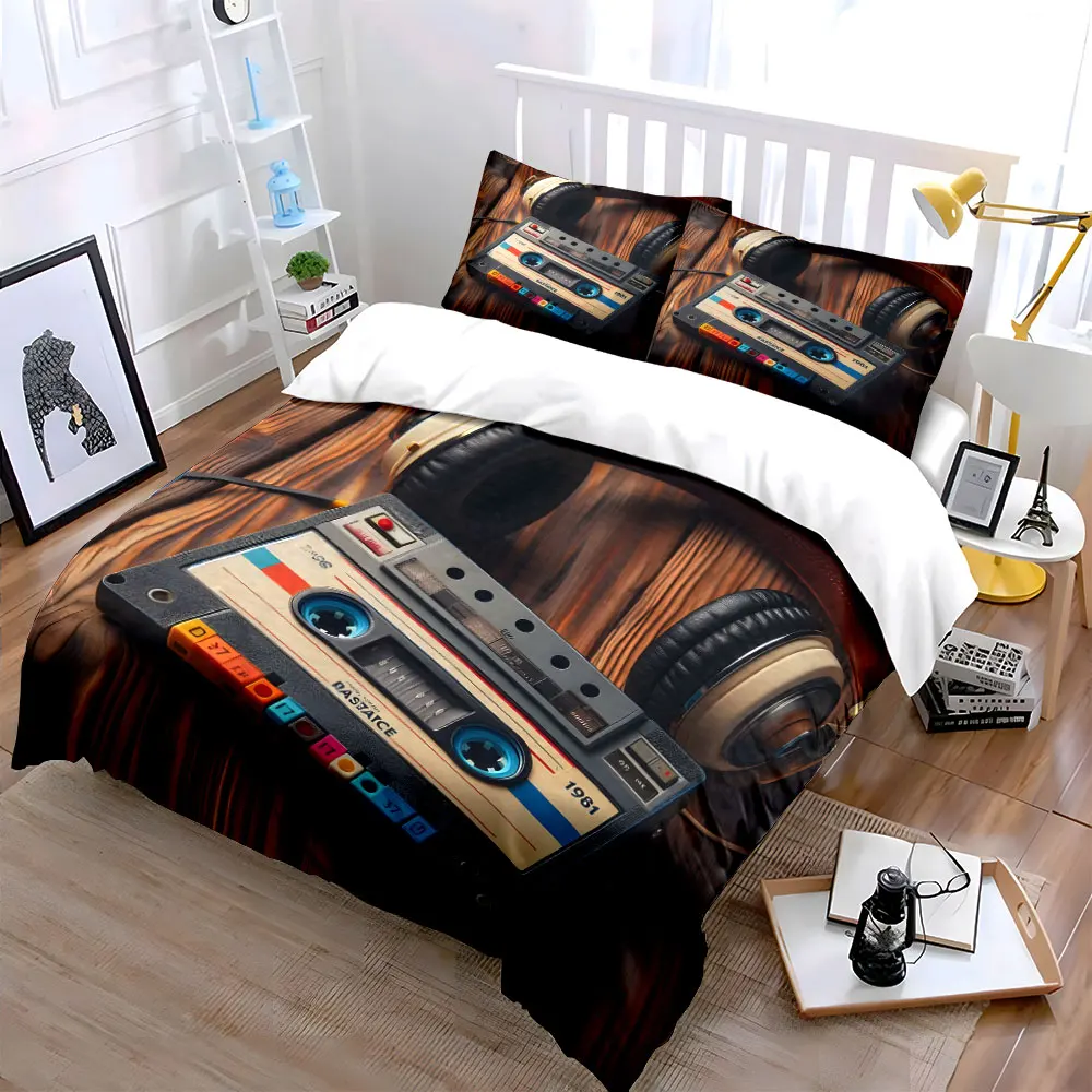 Retro cassette and headphones Pattern Duvet Cover Set Digital Print Colorful Polyester Bedding with Zipper Closur for gifts