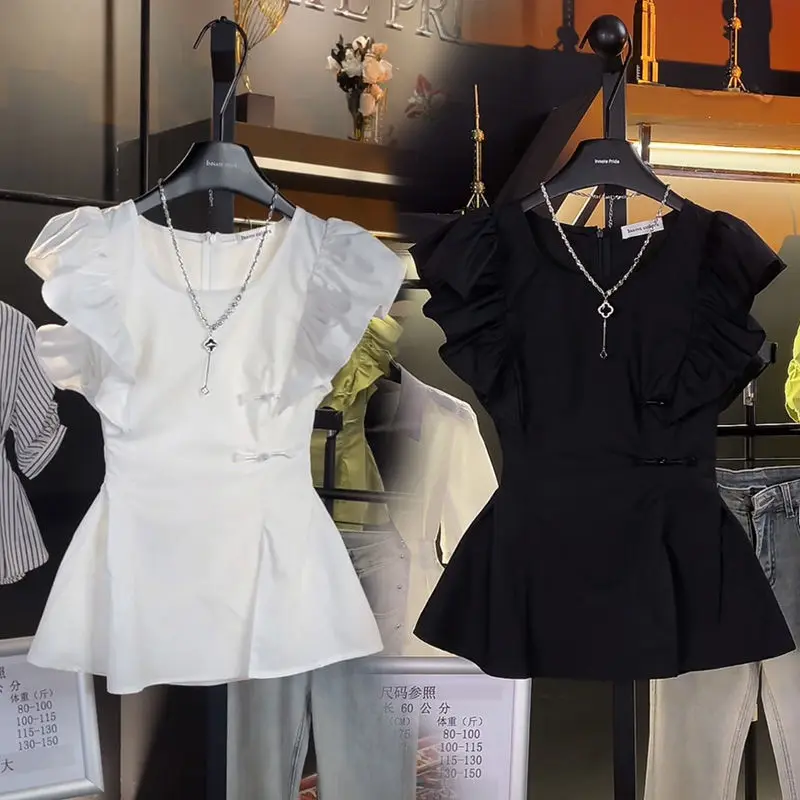 

Summer Chinese Style Flying Sleeves with Ruffled Edges Button Closure Waist Shirt Split Stitch Classic Short Sleeved Top Women