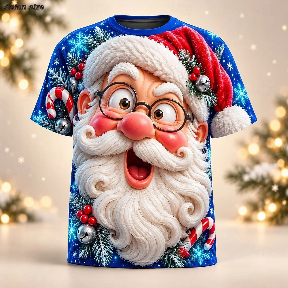 Winking Santa 3D Graphic Print T-Shirt, Christmas Bell Holly Winter Party, Men Funny Realistic Short Sleeve Tee