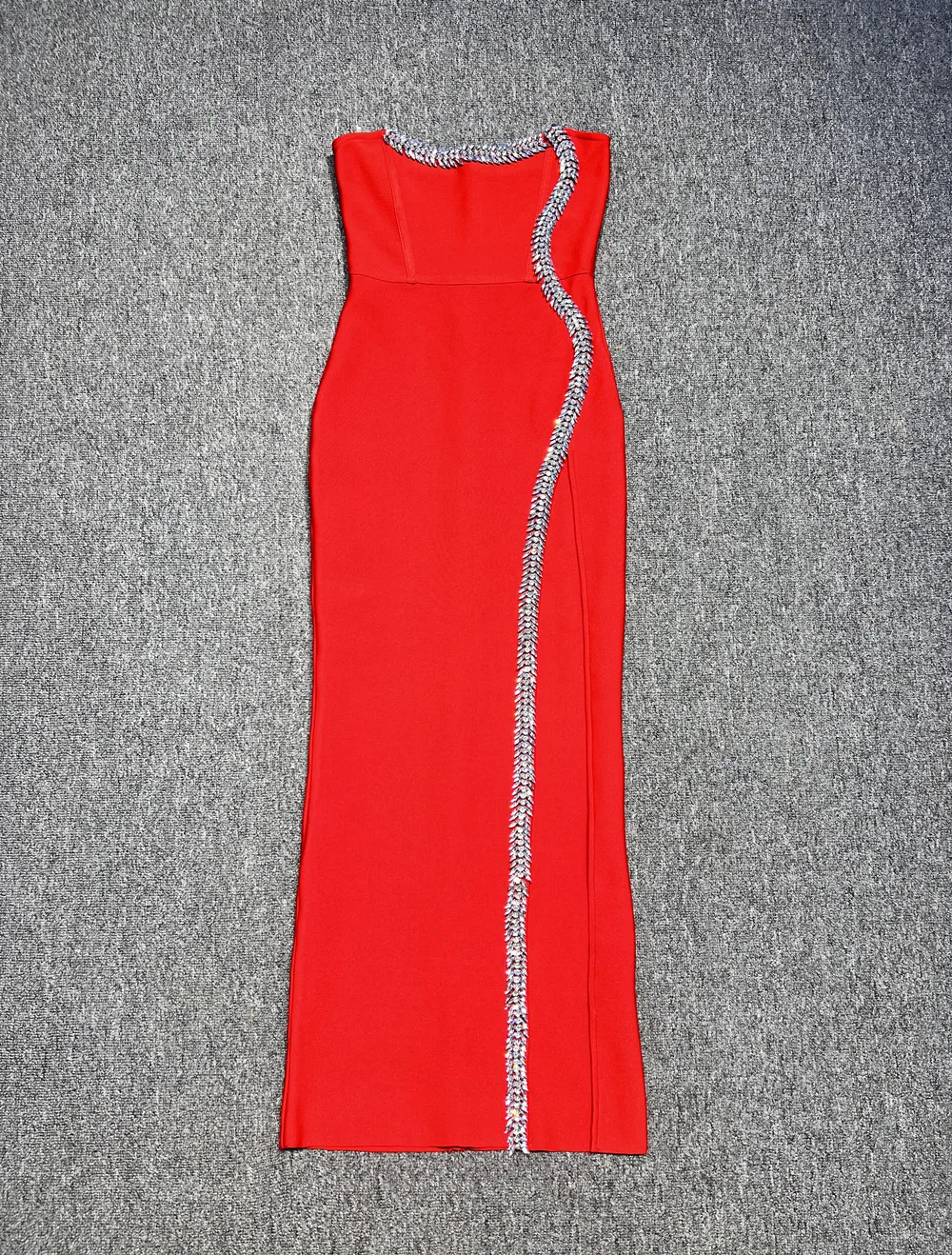 GORAFASHION Heavy industry Fishbone Hot Drill Wipe Breast Waist Stitching Wrap Hip Long Skirt Slit Bandage Dress