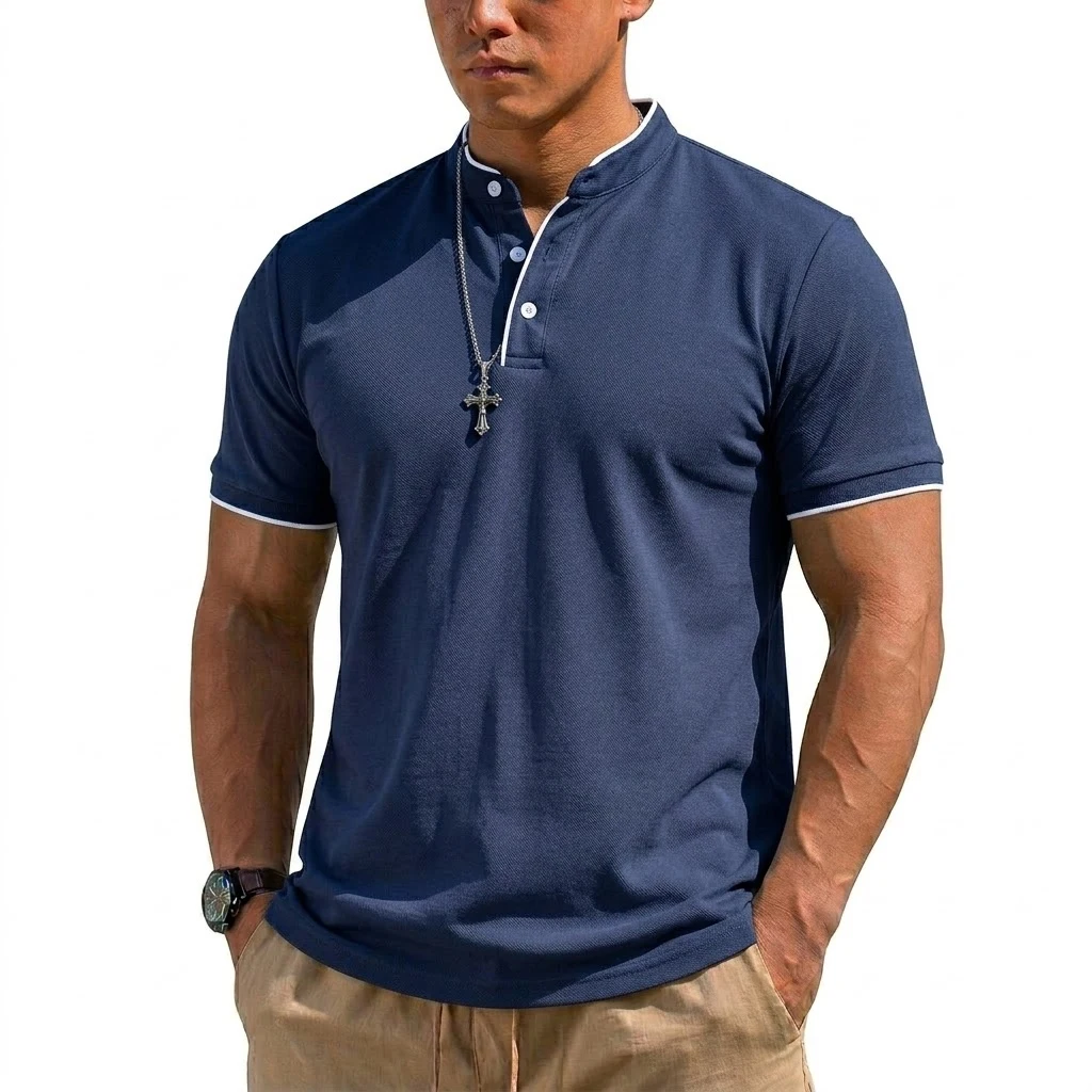 Summer Short Sleeve Henley Shirt Men Button Polo Shirts Classic Collarless T-Shirts for Men Luxury Breathable Hiking T-shirt Gym view 5