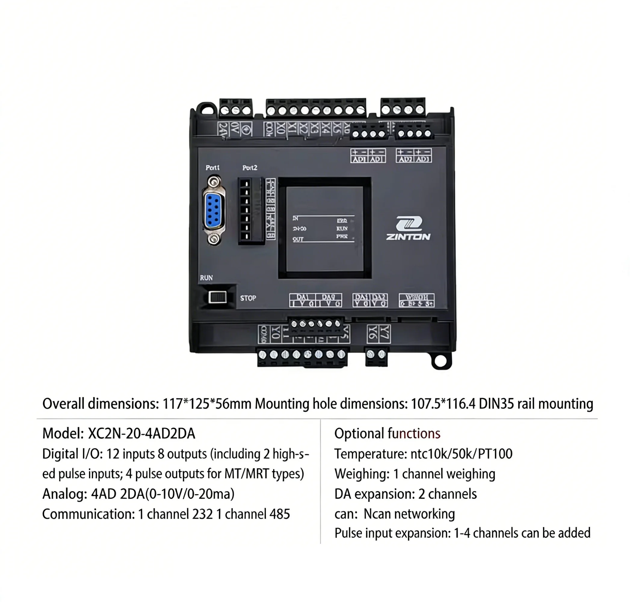 FX2N Series PLC 14/20/24/32/48MR/T 10AD 2DA Analog Module Supports Works2 & Modbus RTU