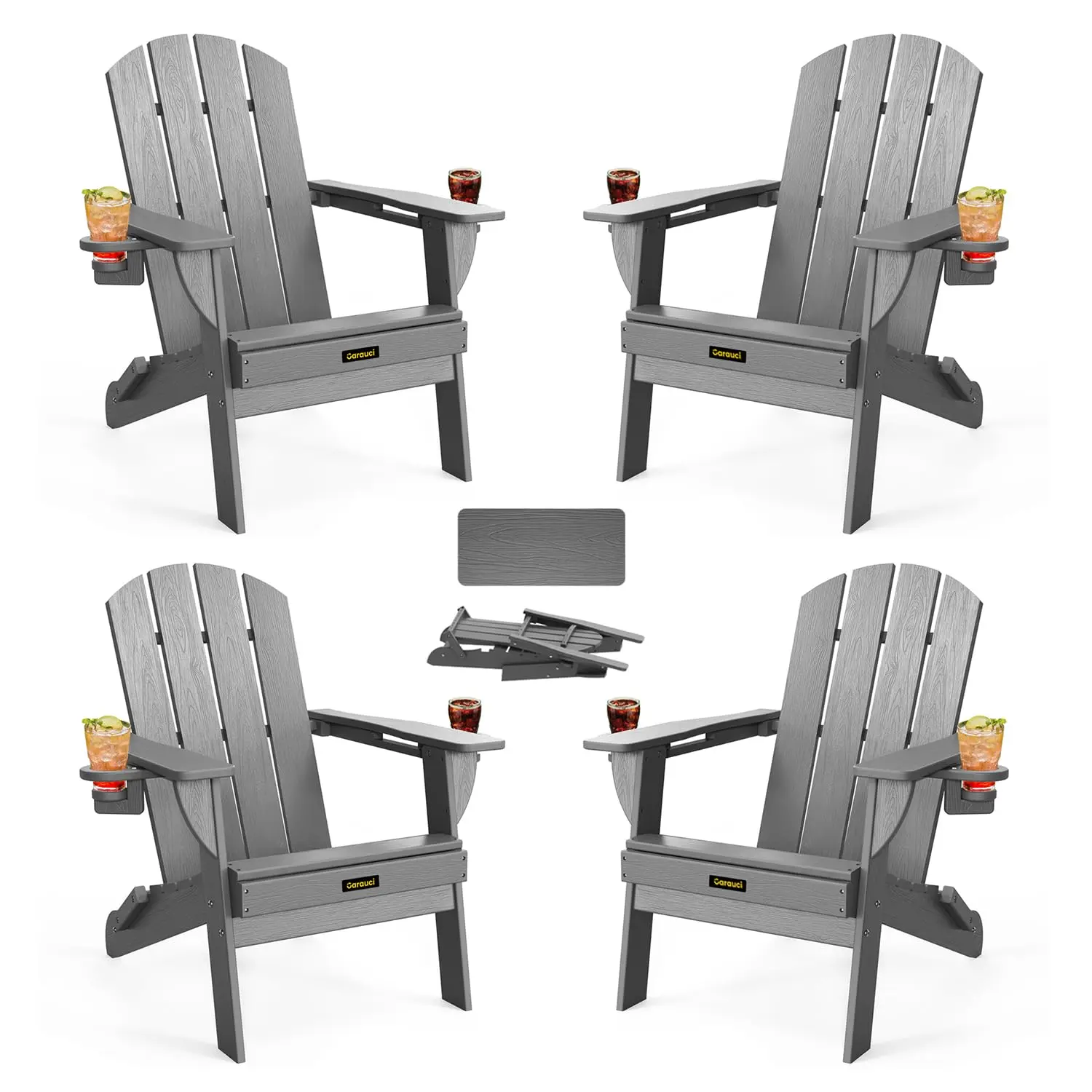 Folding Adirondack Chair 4-Pack with Cup Holder, Weather Resistant HDPE Fire Pit & Patio Chair for Garden Deck, Grey, Customized