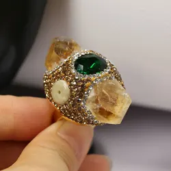 GuaiGuai Jewelry Real Yellow Citrine Point Druzy Green Crystal Finger Rings Gold Plated Adjustable Gems Ring Fashion Lady Gift