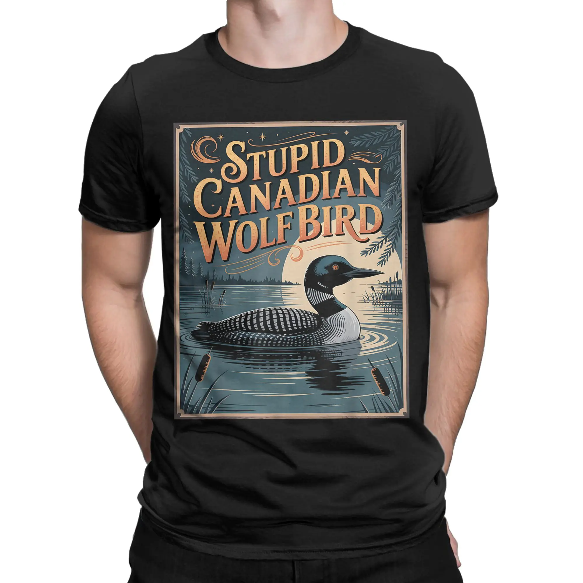 Men's T-Shirts Stupid Canadian Wolf Bird Funny Loon Humor Vintage Pure Cotton Tee Shirt Short Sleeve T Shirts Crew Neck Clothing