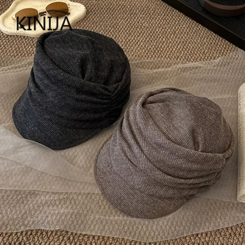 Korean Style Pleated Shiny Beret Hat Women's Lazy Early Autumn Octagonal Hat Small Face Effect Newsboy Cap Fashionable Youth