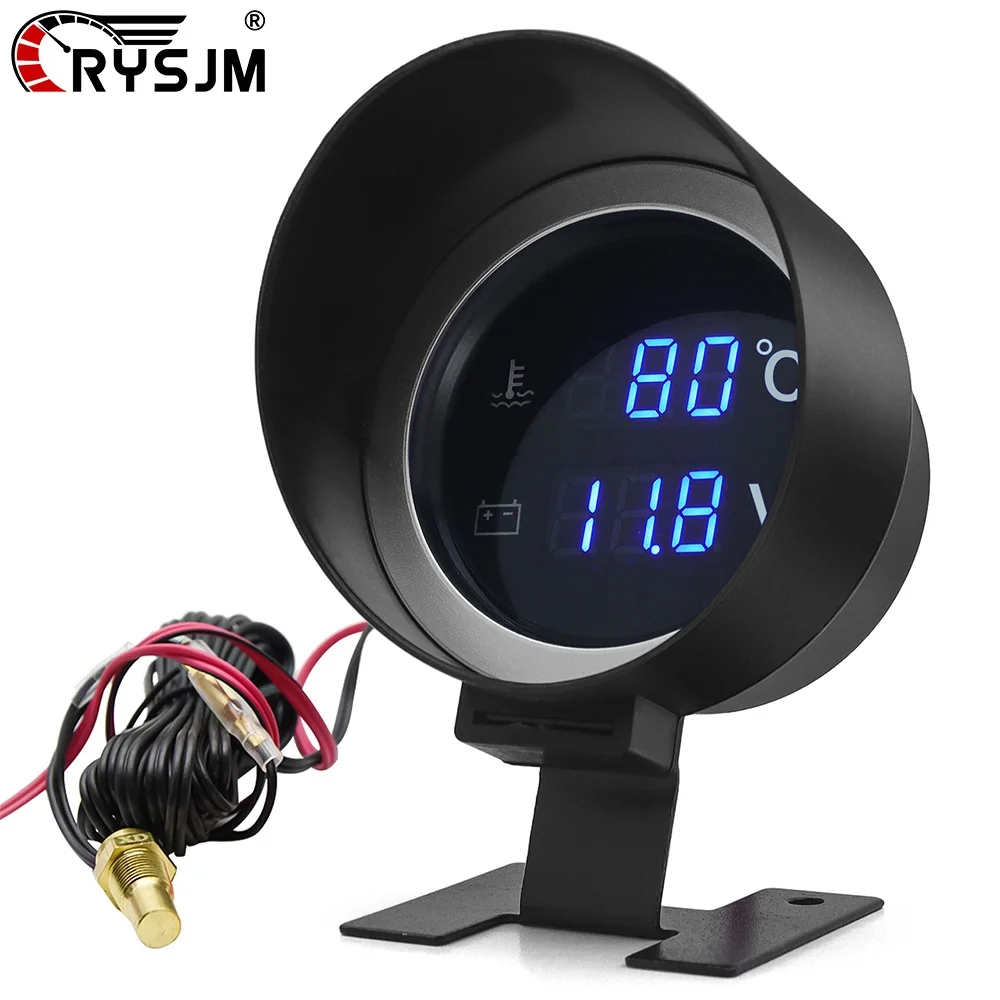 2 In 1 Round LED Digital Water Temp + Voltage Meter Temperature Voltmeter For 12V24V Car Truck Vehicle With Temperature Sensor