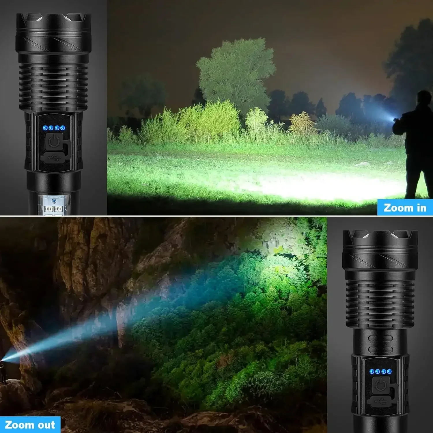 Torcia a luce forte con ricarica, lunga durata, illuminazione multifunzionale a lungo raggio per esterni, torcia con luce da lavoro