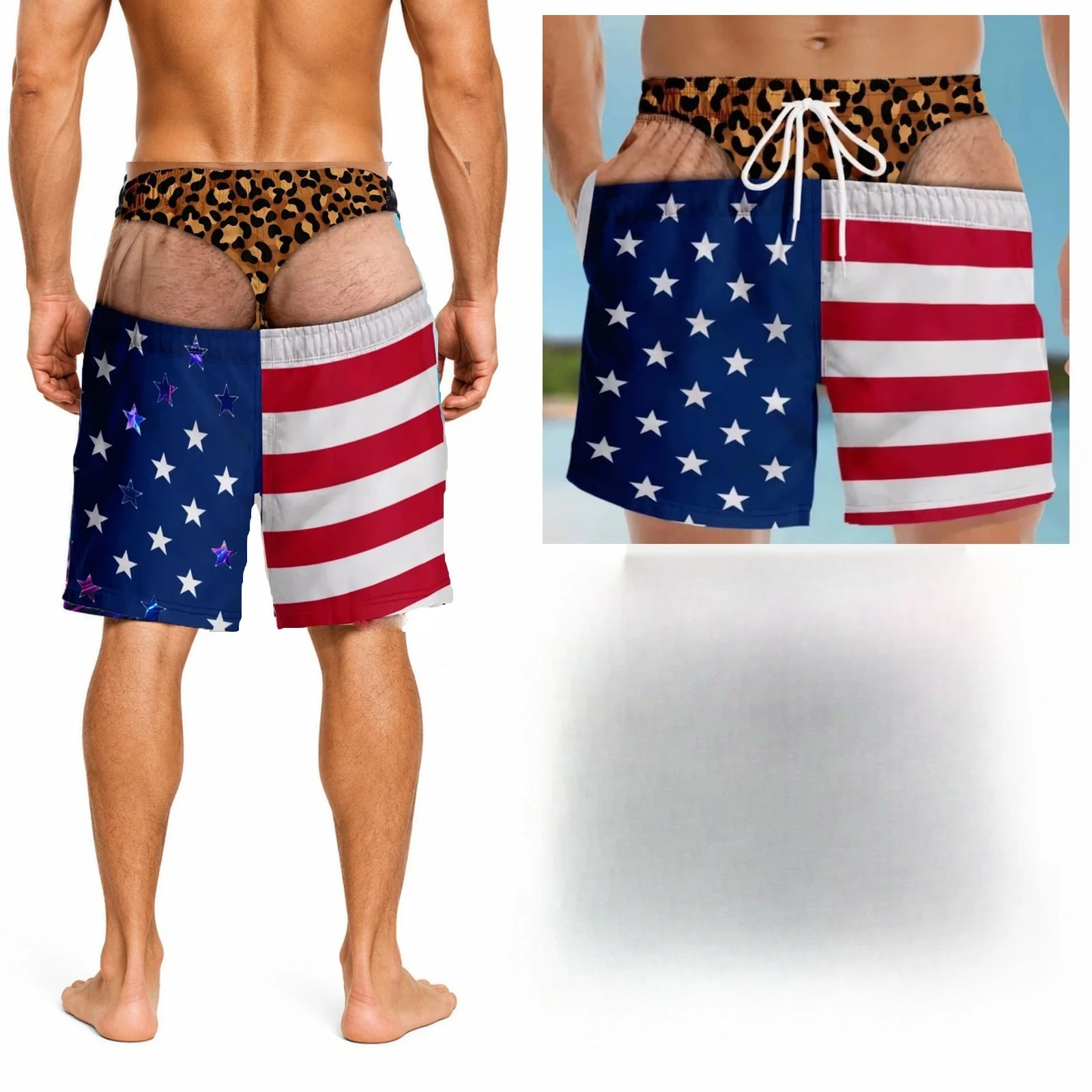 Men Swim Trunks 2D Beach Shorts Funny Fake Two Piece Boardshorts Optical Illusion Shorts Patriotic Party Supplies Swim Shorts
