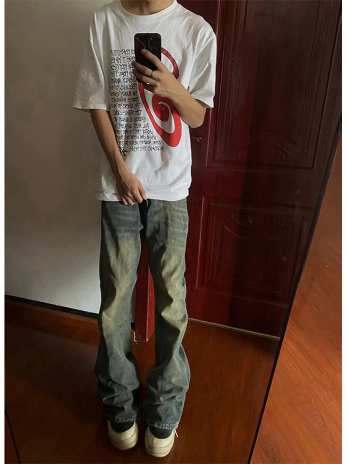 

Американские ретро-джинсы синего цвета для мужчин, летние, модные, брендовые, слегка расклешенные, прямого кроя, в стиле High Street, Haome OOTD, брюки для сочетания в образе