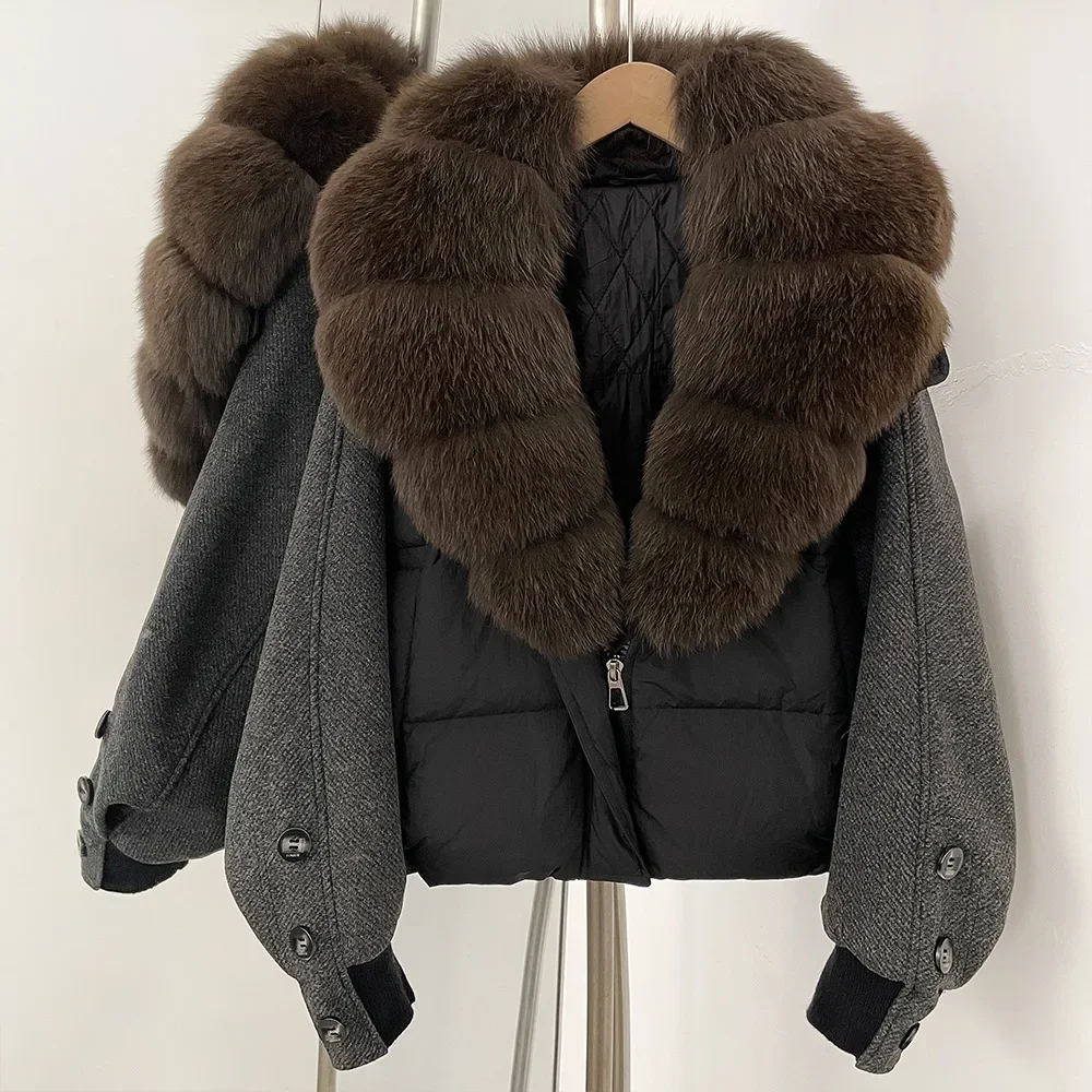 Reality Fur Jacket Women New Puffer Jacket Autumn Winter Loose Patchwork Sleeves Natural Real Fur Collar Down Coat Female Thick
