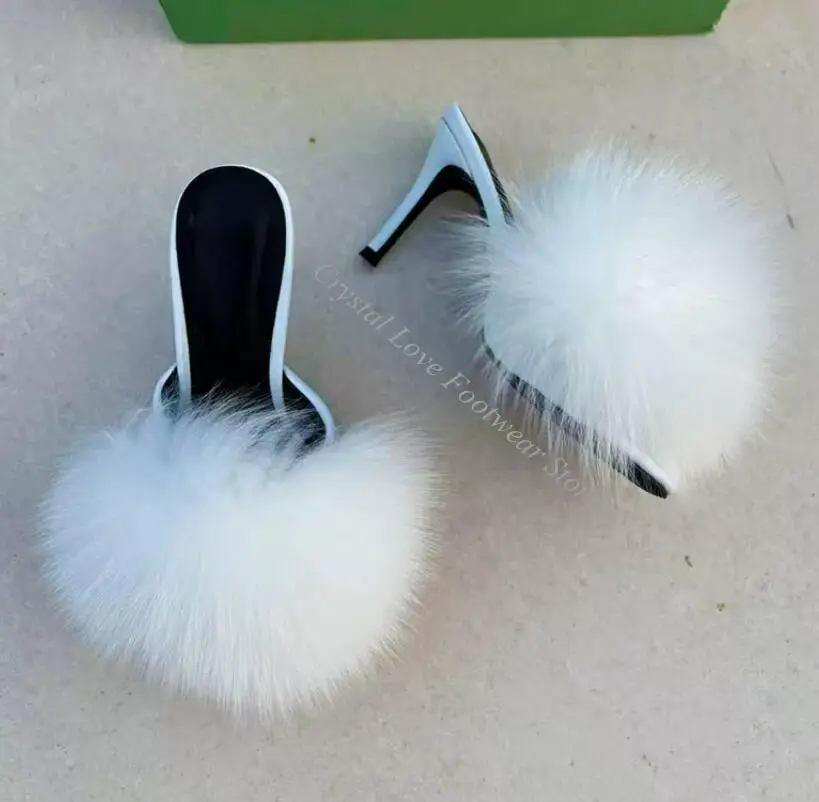 Fashion Big White Black Real Fox Fur Peep Toe Sandals Summer High Heels Slingbacks Woman Runway Shoes view 2