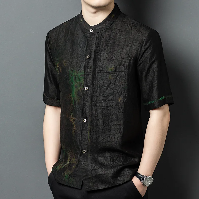

Real Silk Men's Gambiered Guangdong Crack Short-Sleeved Shirt Elderly Stand Collar Loose Thin Comfortable Top Dad Wear