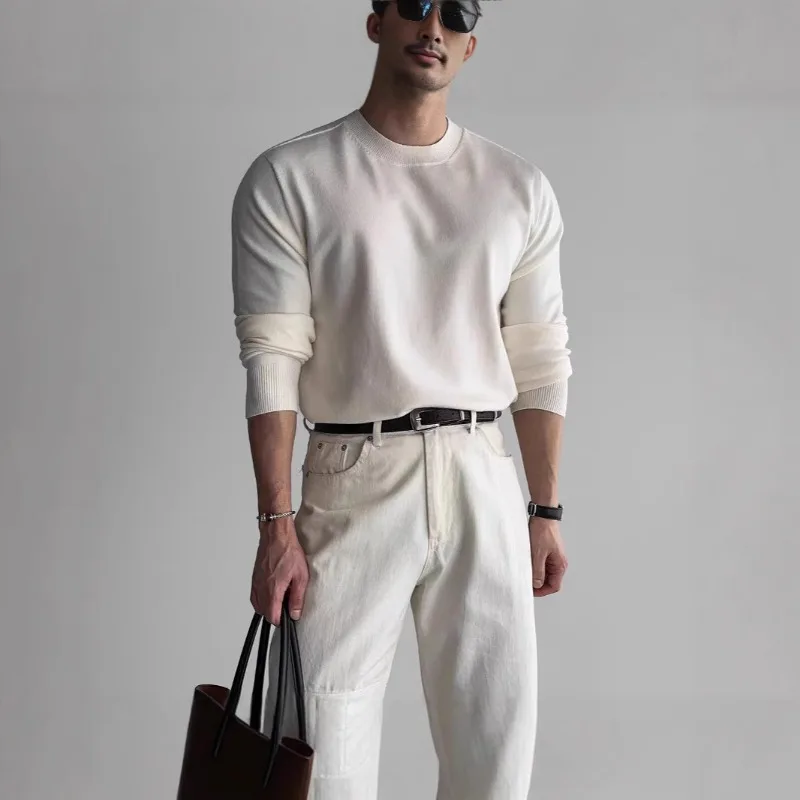 Small neckline core yarn knitted sweater for men slim long-sleeved sweatshirt Modal soft bottomed wool shirt