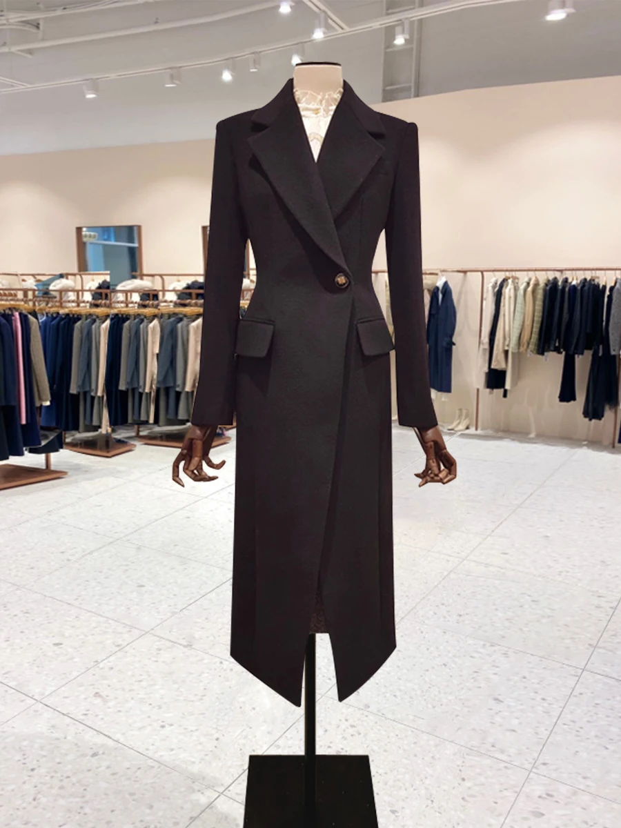 

2024 Autumn Winter Women's Woolen Suiting Knee-Length One-Button Trendy Versatile Woolen Coat OL Sle Slim Fit Polyester