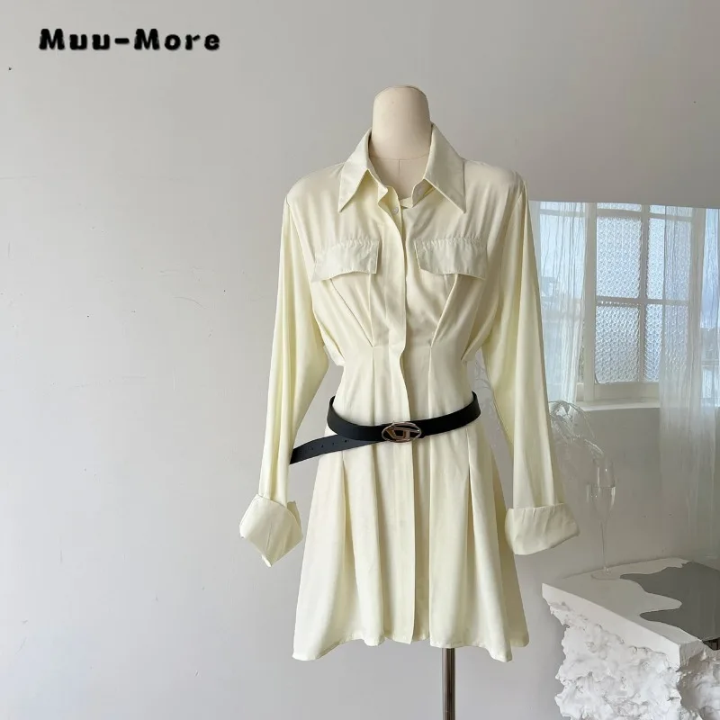 2023 Herfst Vintage Lange Mouwen Turn-Down Kraag Mini-Overhemd Jurken Dames Elegante Klassieke Kantoor Dames Effen Blouse Jurk