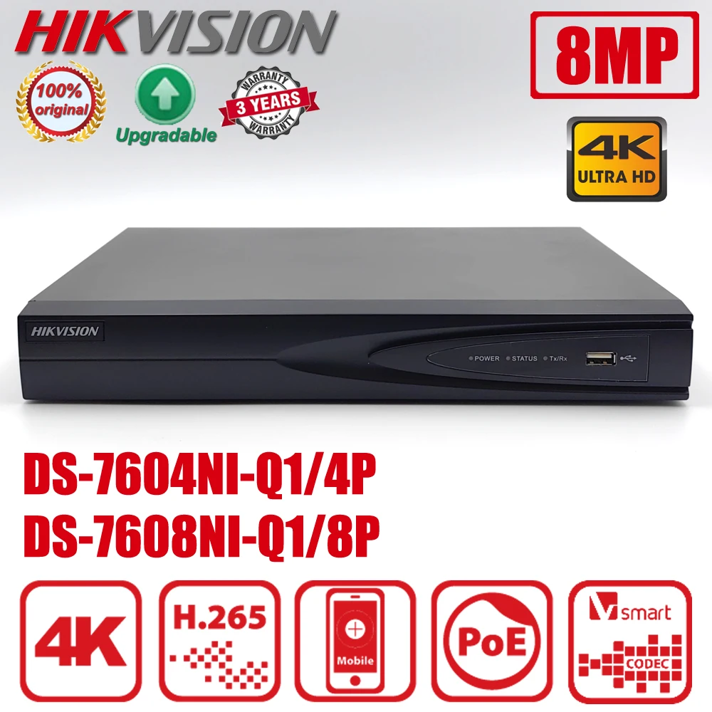 Original Hikvision DS-7608NI-Q1/8P 4/8 Channel 1U 4/8PoE 4K NVR H.265+ Plug and Play DS-7604NI-Q1/4P Network Video Recorder