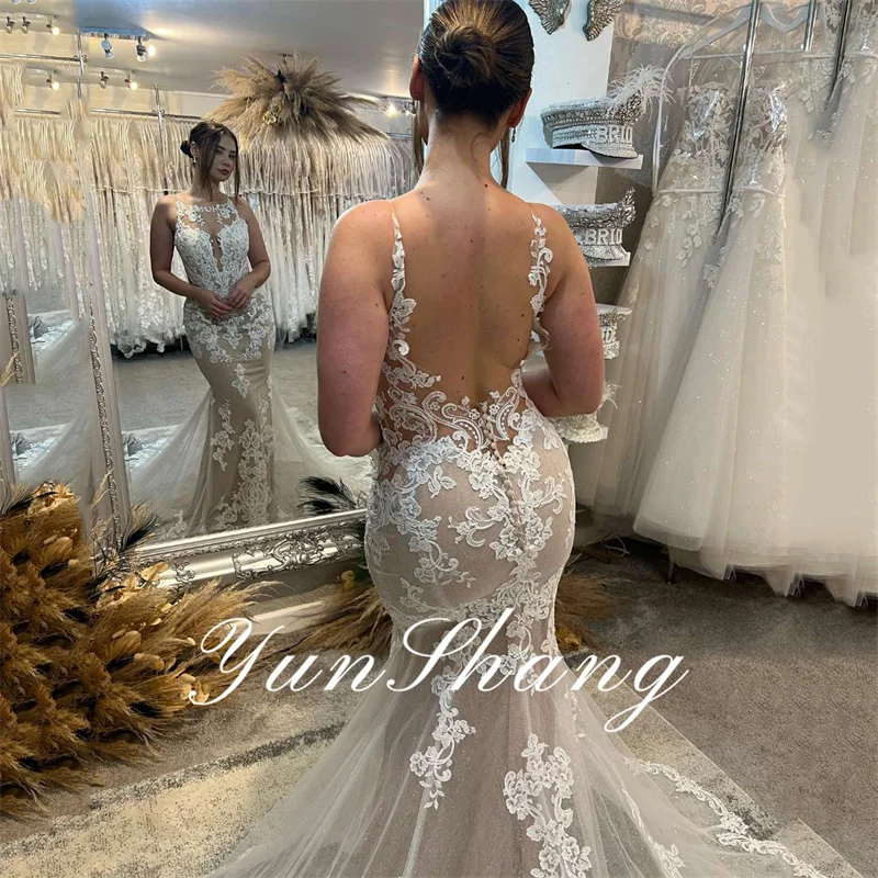 Yunshang luxo sereia vestidos de casamento rendas cintas de espaguete aberto volta o-pescoço vestidos de noiva trem novia personalizado