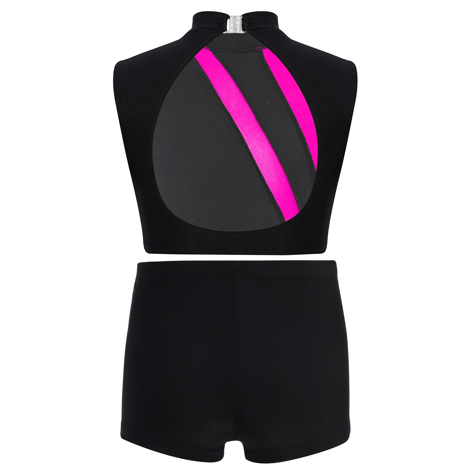 Kids Girls Ballet Gymnastics Sets Dance Performance Costume Sleeveless Rhinestones Metallic Color Block Crop Top with Shorts