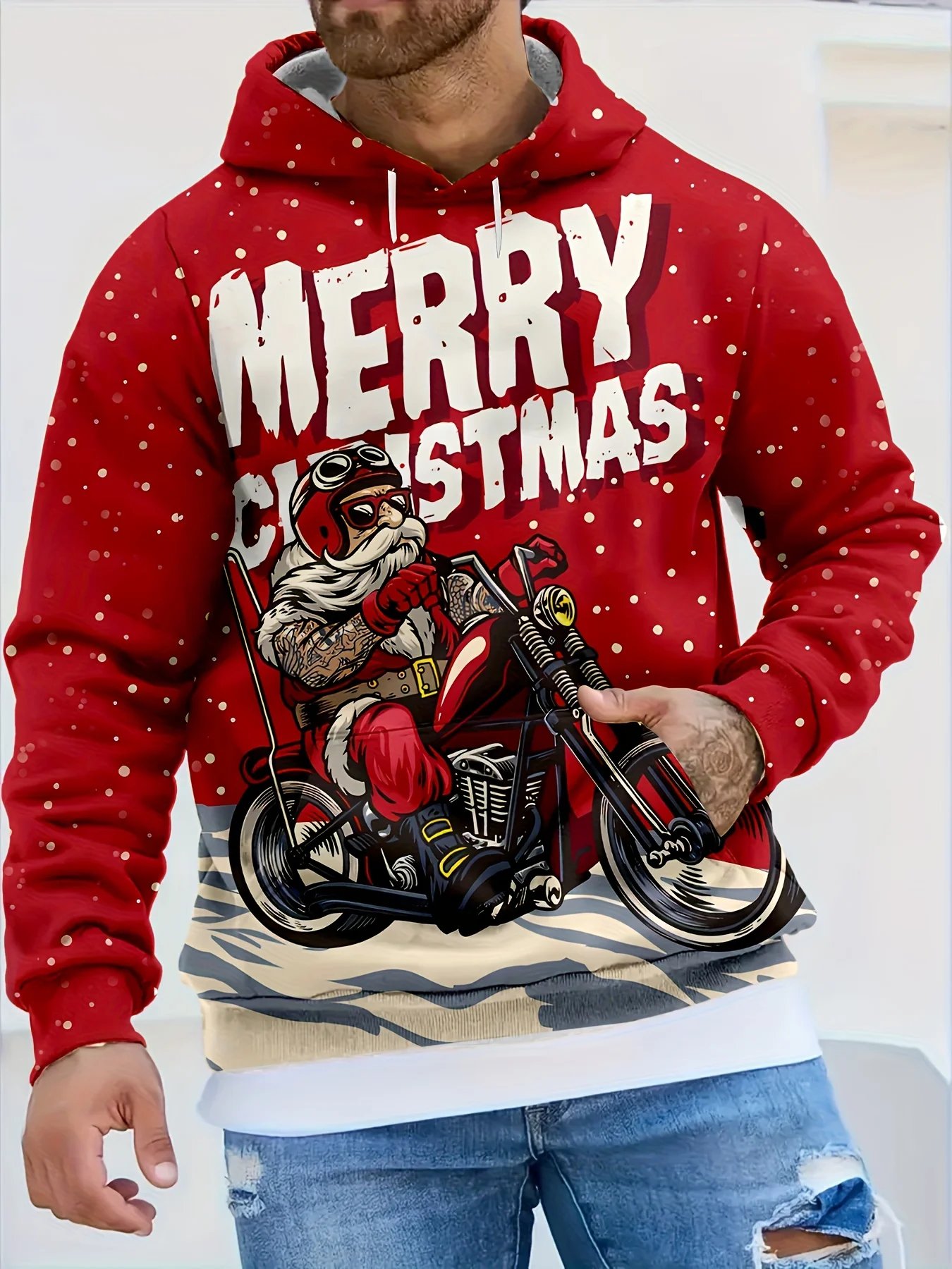 Men's 3D Santa Motorcycle Christmas Hooded Sweatshirt with Biker Santa Motorcycle Design Long Sleeve Pullover Women's Hoodie