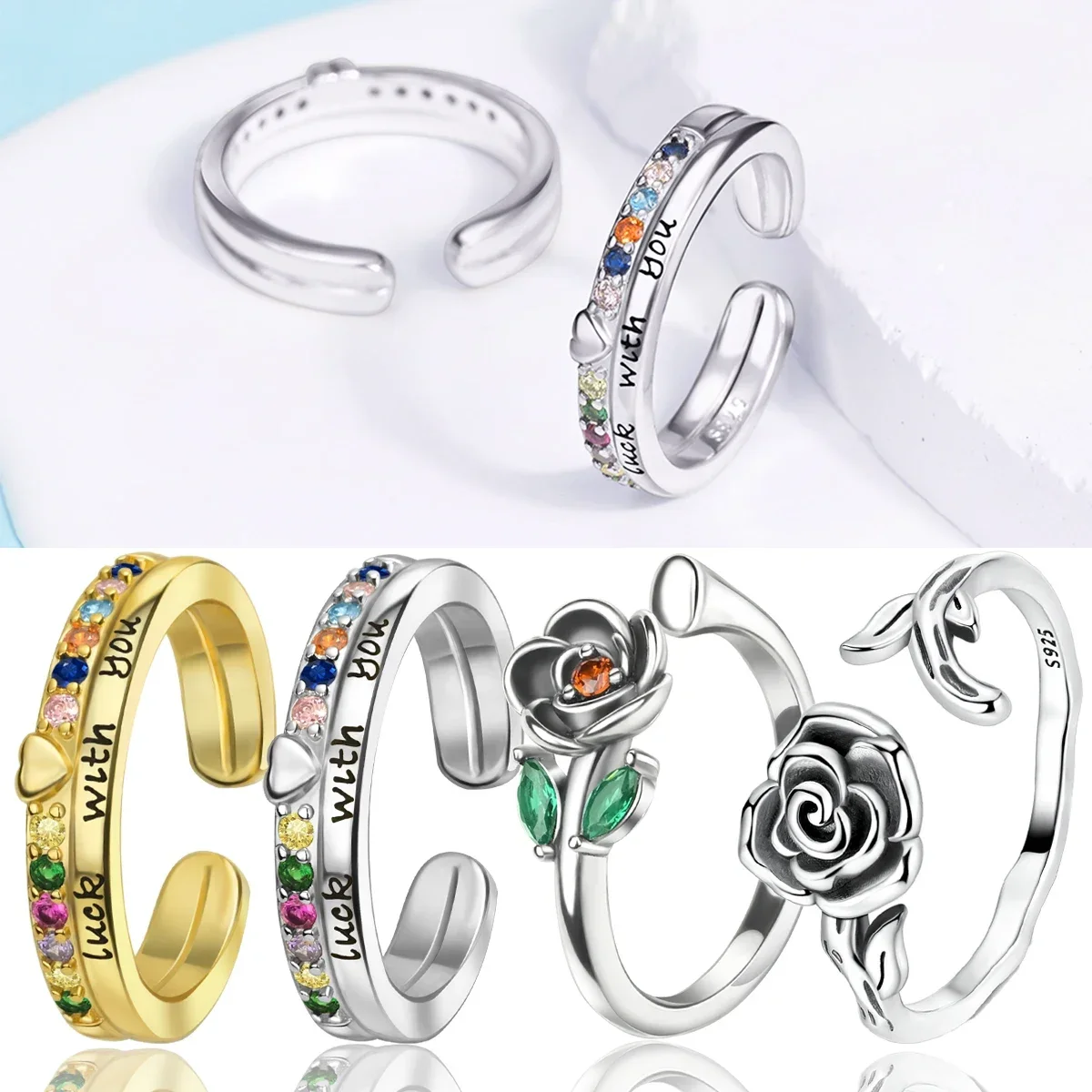 

Регулируемые кольца из стерлингового серебра 925 пробы для пары с открытой розой и звездой в форме сердца, оригинальные ювелирные изделия с цветочным драгоценным камнем, подарок, оригинальный минималистский стиль