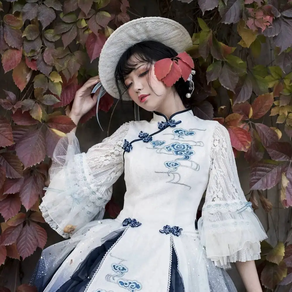 

Chinese Style Lolita OP Dress White Blue Qipao Collar Cloud Embroidery Lace Flare Sleeve Elegant Cosplay Party Costume