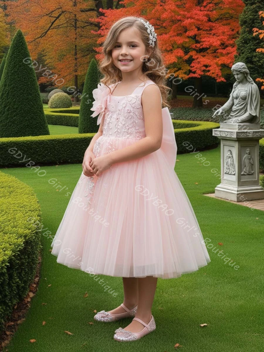 Witte prinses bloemenmeisje jurk kinderen bandjes lovertjes applicaties thee-lengte eerste communie jurk aangepaste bruiloft baljurk