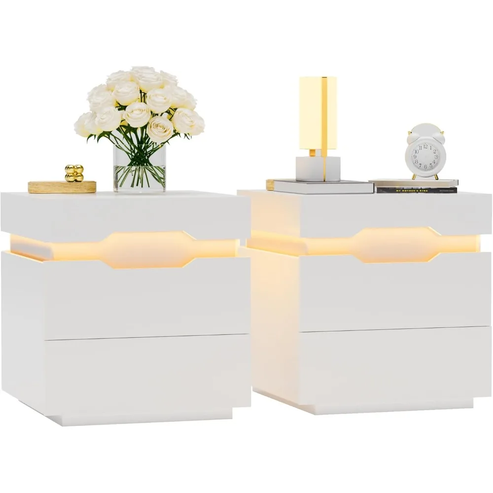 طقم طاولات ليلية مكون من قطعتين مع قاعدة شحن وسطح منزلق، وطاولة جانبية بسعة كبيرة، وطاولة بجانب السرير مع درجين