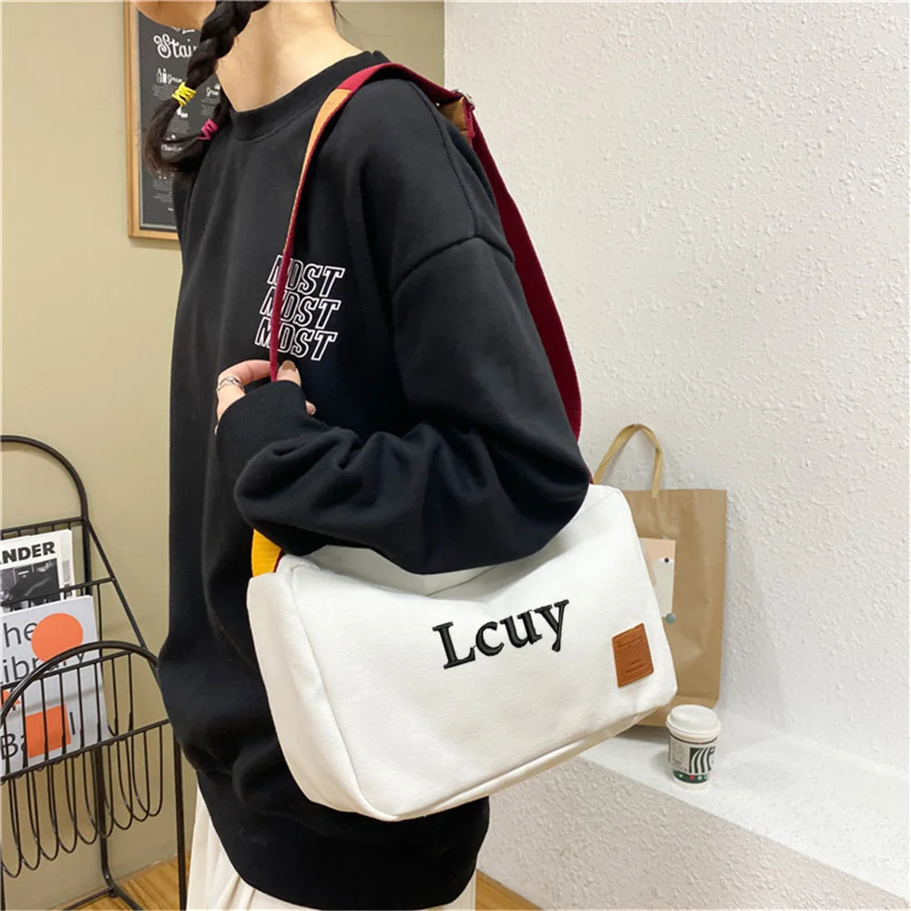 New Women Shoulder Bag Custom Large Capacity Single Shoulder Messenger Bag Embroidered Name Solid Color Rectangular Canvas Bag