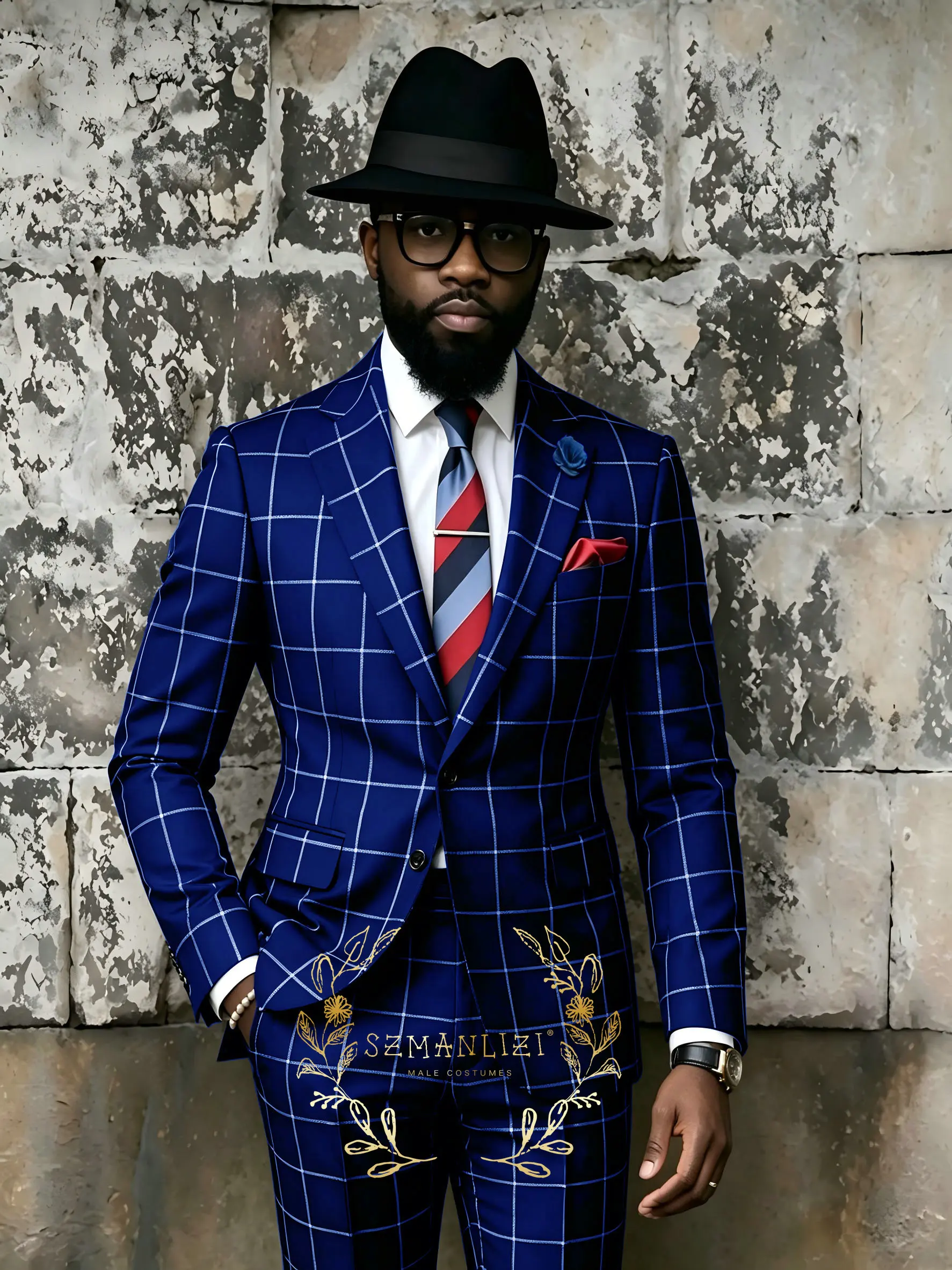 

Royal Blue Plaid Men Suits Groom Groomsman Wedding Party Formal Occasion Business Prom Male Tuxedos 2 Piece Set Jacket Pants