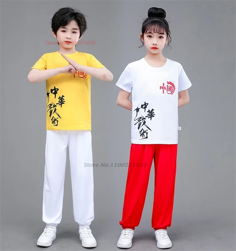 2024 chinese children wushu uniforms kung fu training exercise martial arts wing chun suit chinese words print shirt+pants set