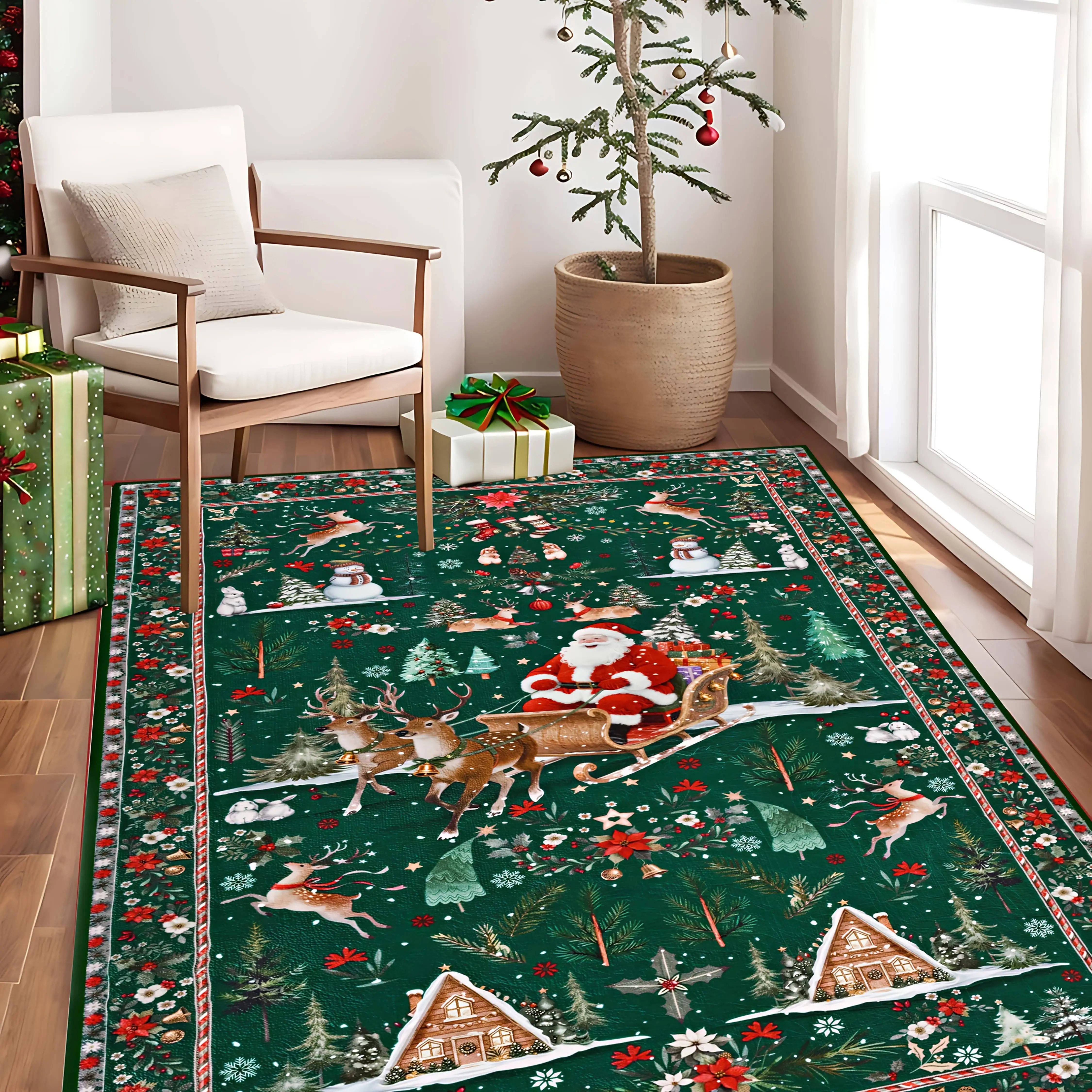 1pc Luxury Santa Claus Christmas Tree Area Rug, Non Slip, Soft & Machine Washable, for Living Room, Bedroom, Kitchen Decor