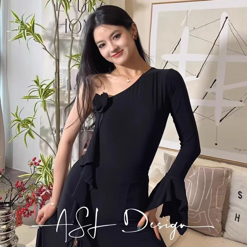 

New Ballroom Dance Clothes Women Oblique Shoulder Black Leotards Adult Latin Waltz Dance Practice Tops Training Dancewear L15816