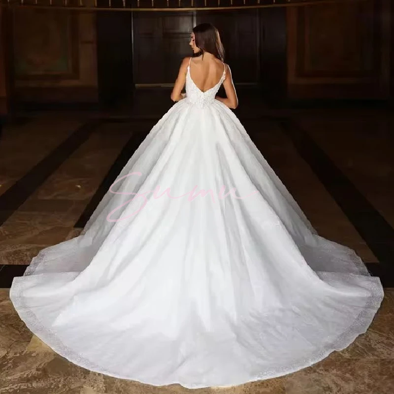 تخصيص مستقيم الاجتياح العنق بريق اللؤلؤ فستان الزفاف بلا أكمام الوهم زين فستان زفاف TrainAbito da s
