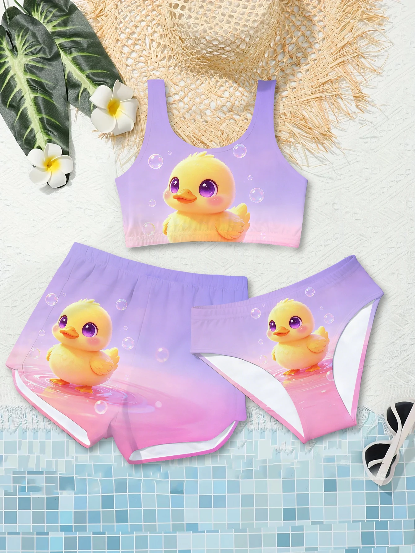 Girls' Summer Style Atmospheric Yellow Duck Fashionable Three Piece Swimsuit Casual Sportswear