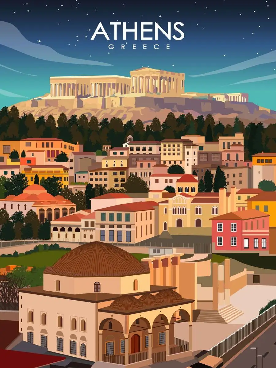 Vintage Athens Greece Travel Poster Print  Retro Wall Art Decor for Interior Design Home  Living Collection